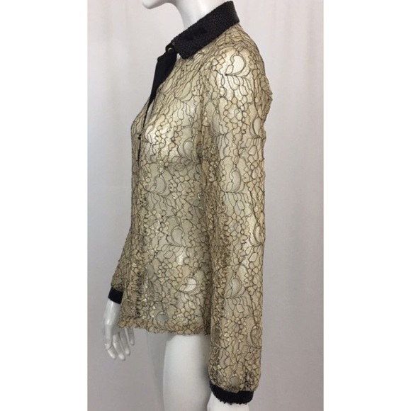 Issi Beige Black Lace Sequins Trim Top Size M - Picture 5 of 7